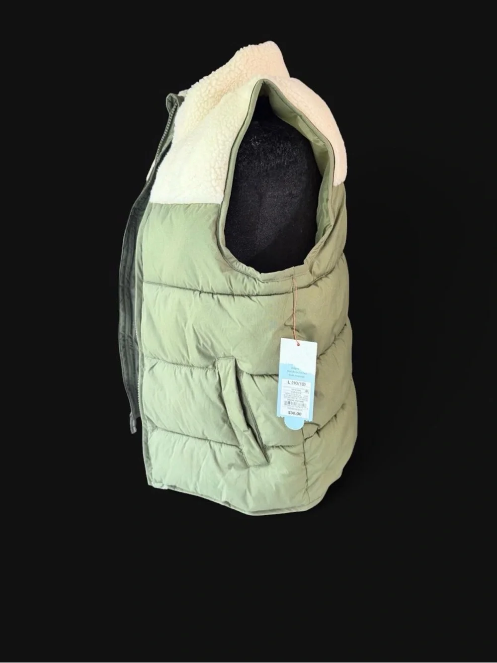 NWT Cat & Jack Olive Sherpa Yoke Puffer Vest Kids L 10/12 Green Winter